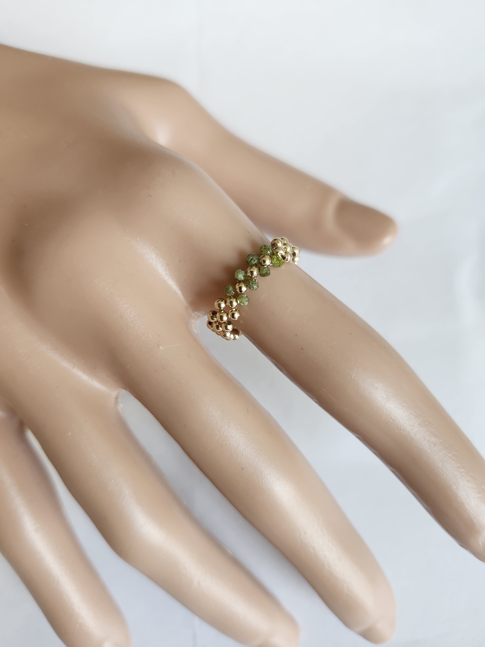 14k Gold & Green Diamond Beaded Needlepoint Ring